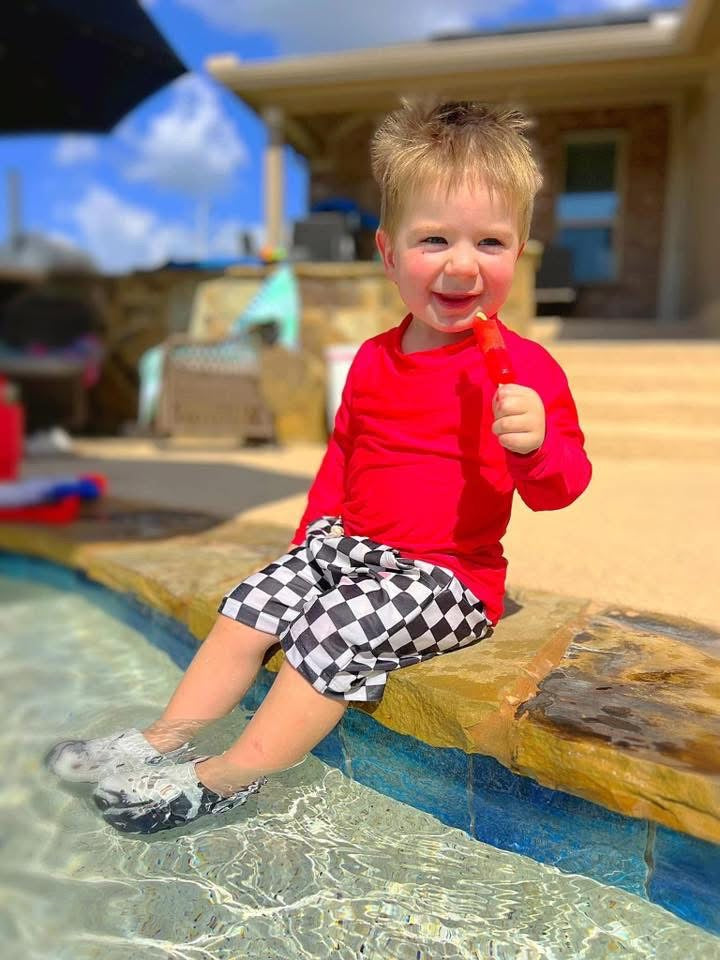 BLACK & WHITE CHECKERED SWIM TRUNKS 2T