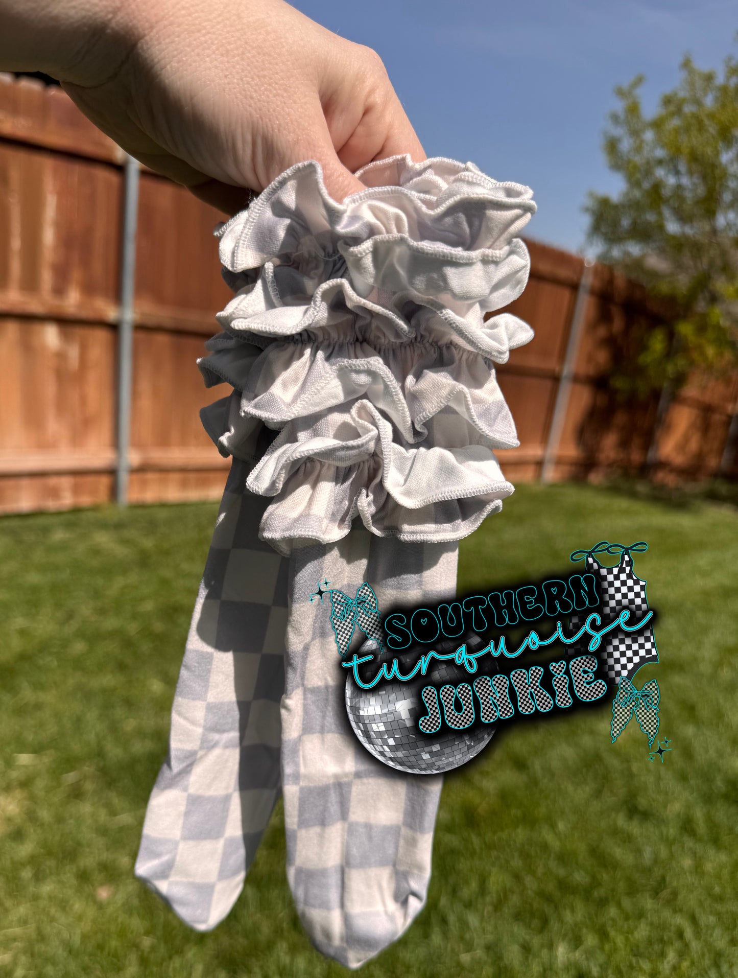 Grey & cream checkered ruffled socks